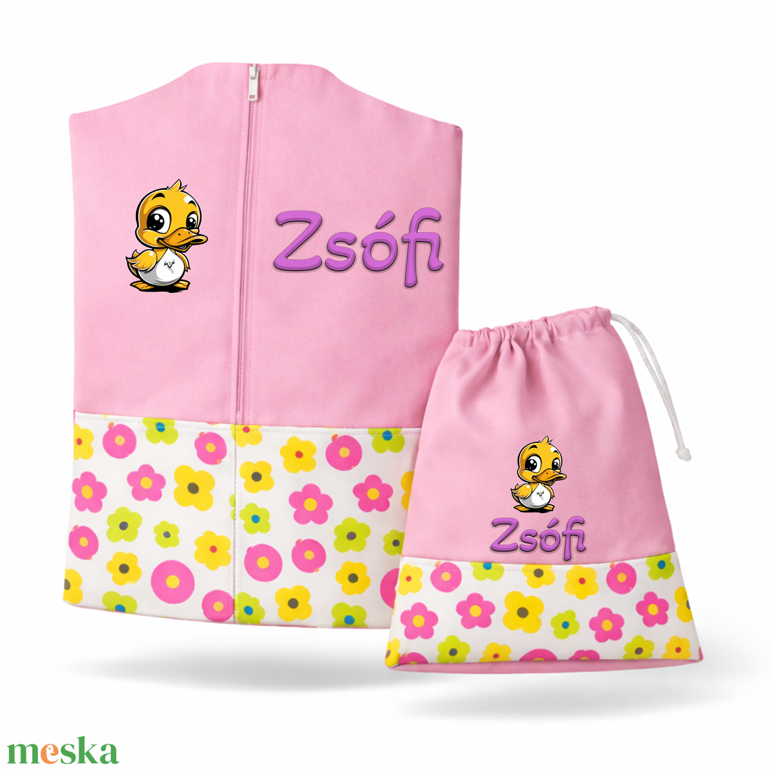 Ovis zsák + tornazsák szett névvel és jellel (rózsaszín + pink-sárga-zöld virágos), ajándék szeretetküldővel - játék & sport - ovis felszerelés - ovis szett - Meska.hu