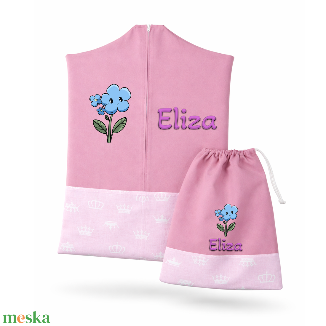 Ovis zsák + tornazsák szett névvel és jellel (rózsaszín + rózsaszín alapon fehér koronás), ajándék szeretetküldővel - játék & sport - ovis felszerelés - ovis szett - Meska.hu