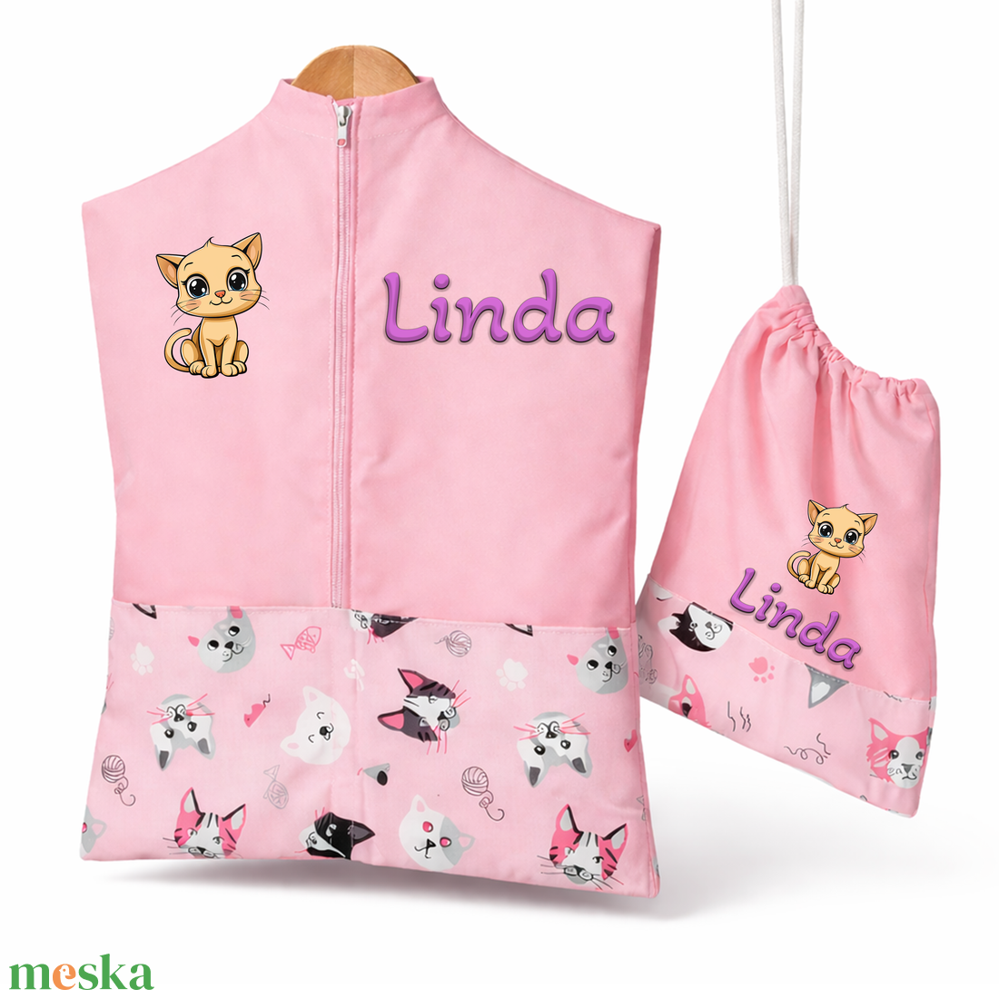 Ovis zsák + tornazsák szett névvel és jellel (rózsaszín + rózsaszín cicás), ajándék szeretetküldővel - játék & sport - ovis felszerelés - ovis szett - Meska.hu