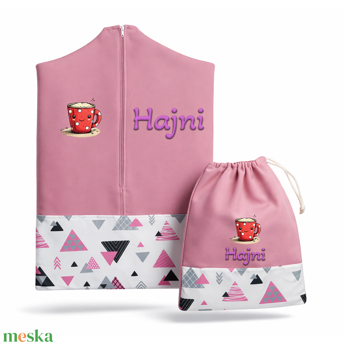 Ovis zsák + tornazsák szett névvel és jellel (rózsaszín + rózsaszín háromszöges), ajándék szeretetküldővel - játék & sport - ovis felszerelés - ovis szett - Meska.hu