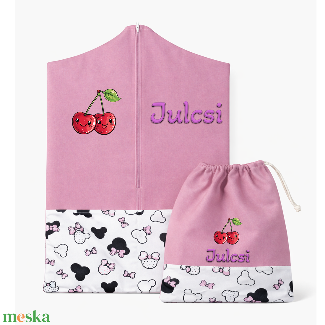 Ovis zsák + tornazsák szett névvel és jellel (rózsaszín + rózsaszín masnis-egeres), ajándék szeretetküldővel - játék & sport - ovis felszerelés - ovis szett - Meska.hu
