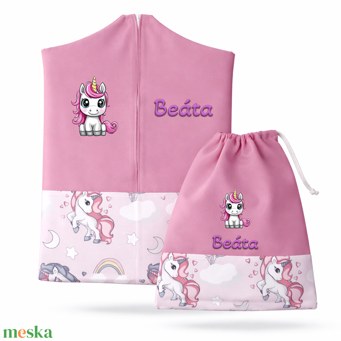 Ovis zsák + tornazsák szett névvel és jellel (rózsaszín + rózsaszín sörényű unikornisos), ajándék szeretetküldővel - játék & sport - ovis felszerelés - ovis szett - Meska.hu