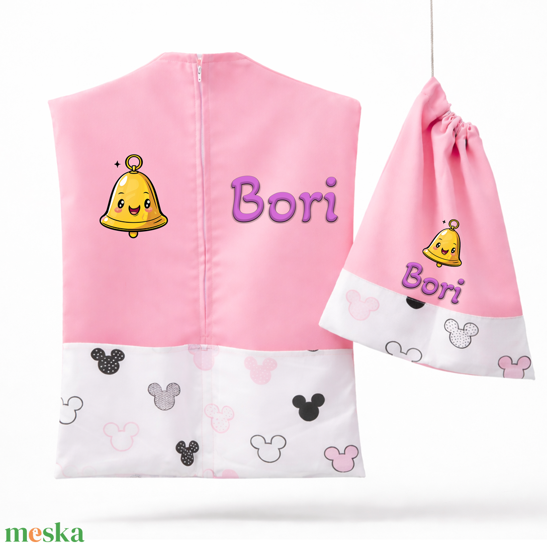 Ovis zsák + tornazsák szett névvel és jellel (rózsaszín + r. szín-fekete-fehér-szürke egeres), ajándék szeretetküldővel - játék & sport - ovis felszerelés - ovis szett - Meska.hu