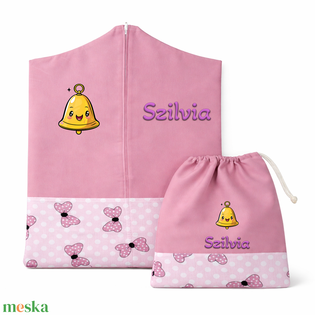 Ovis zsák + tornazsák szett névvel és jellel (rózsaszín + rózsaszín-pöttyös masnis), ajándék szeretetküldővel - játék & sport - ovis felszerelés - ovis szett - Meska.hu