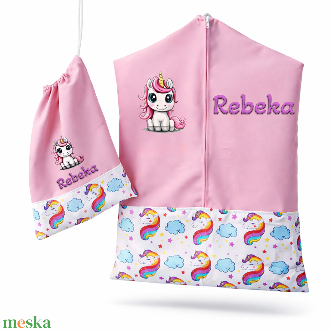 Ovis zsák + tornazsák szett névvel és jellel (rózsaszín + szivárványos sörényű unikornisos), ajándék szeretetküldővel - játék & sport - ovis felszerelés - ovis szett - Meska.hu