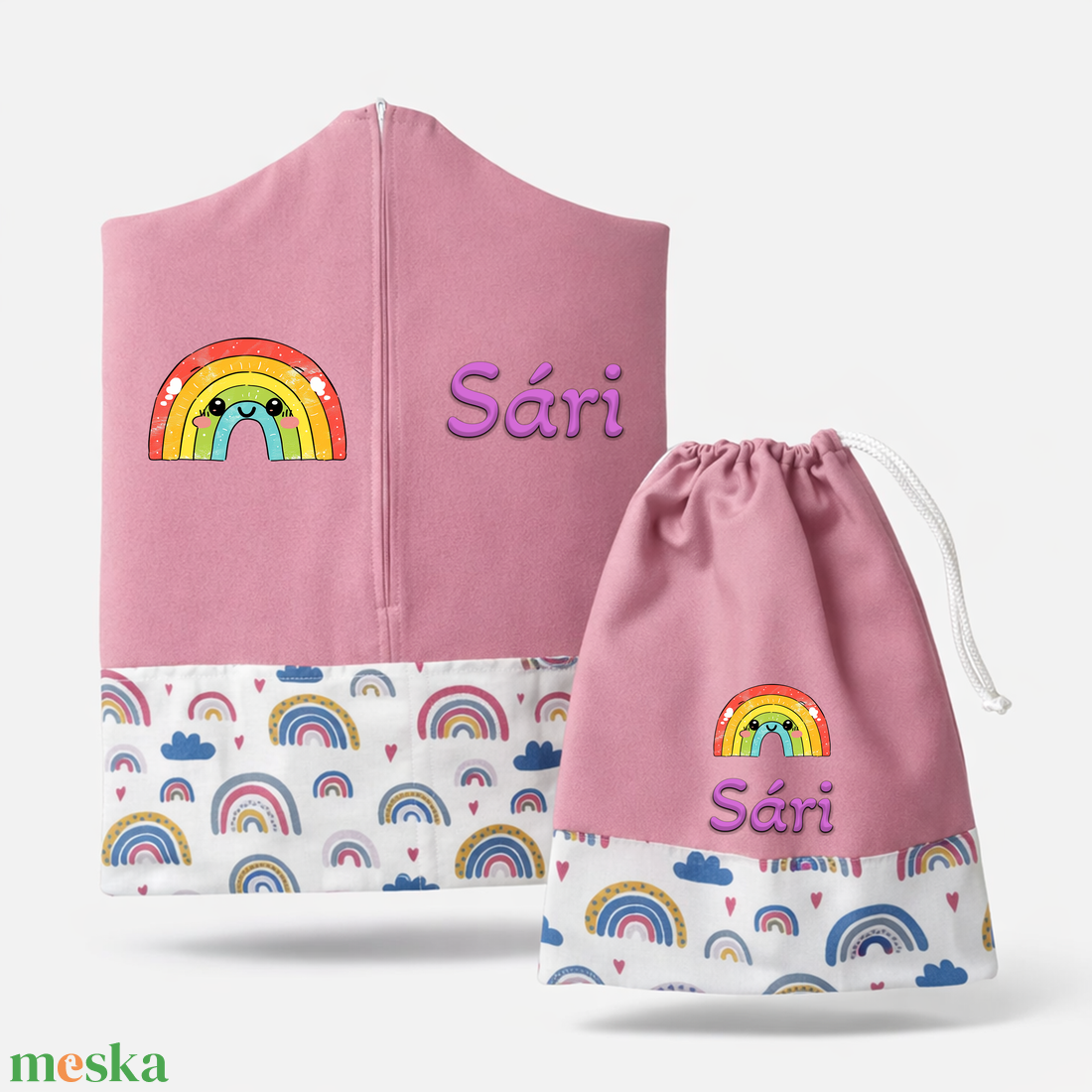 Ovis zsák + tornazsák szett névvel és jellel (rózsaszín + szivárványos), ajándék szeretetküldővel - játék & sport - ovis felszerelés - ovis szett - Meska.hu