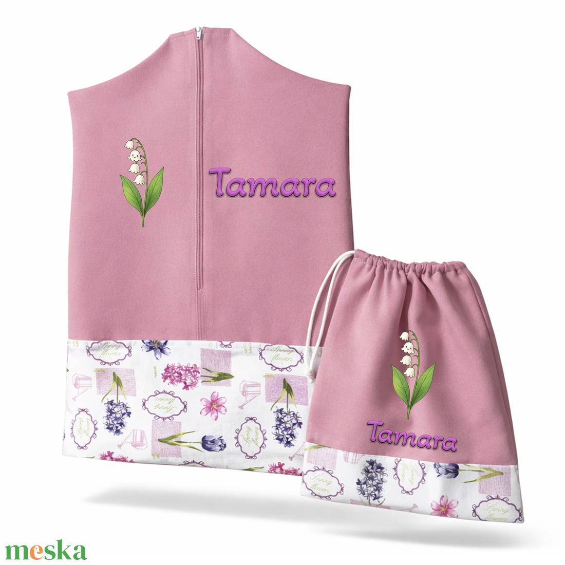 Ovis zsák + tornazsák szett névvel és jellel (rózsaszín + tavaszi virágos), ajándék szeretetküldővel - játék & sport - ovis felszerelés - ovis szett - Meska.hu