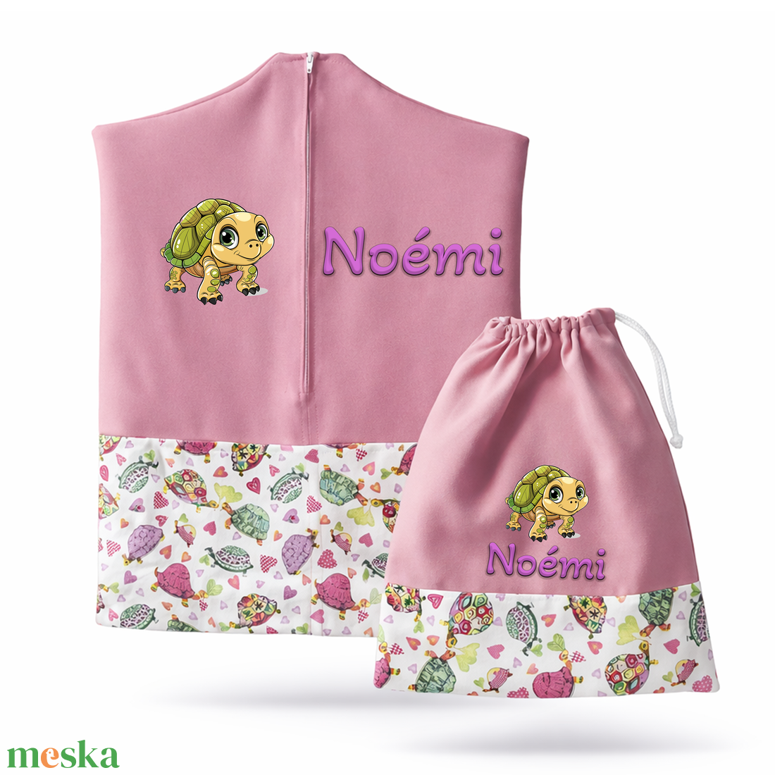Ovis zsák + tornazsák szett névvel és jellel (rózsaszín + teknőcös), ajándék szeretetküldővel - játék & sport - ovis felszerelés - ovis szett - Meska.hu