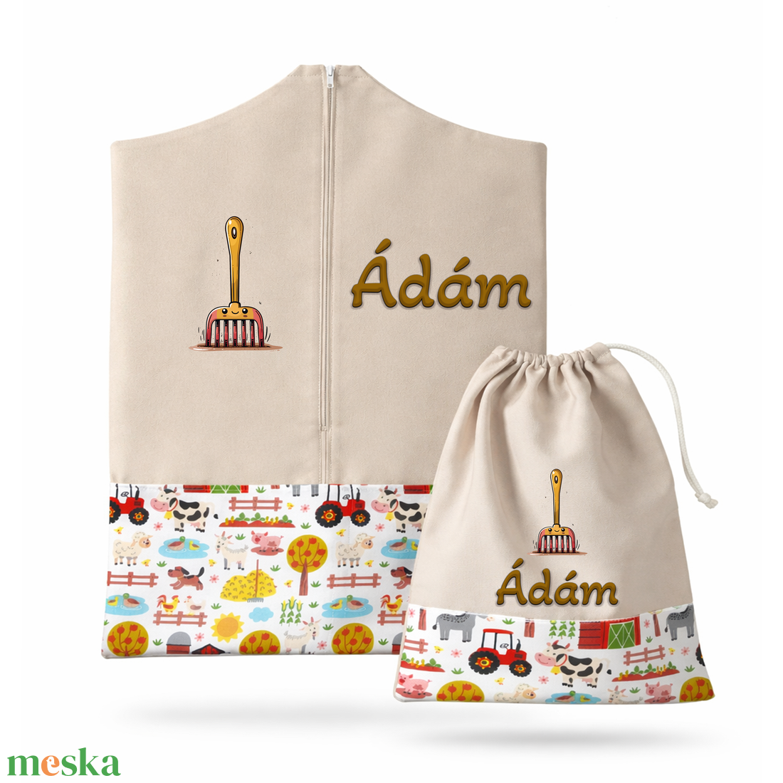 Ovis zsák + tornazsák szett névvel és jellel (drapp + farmos), ajándék szeretetküldővel - játék & sport - ovis felszerelés - ovis szett - Meska.hu