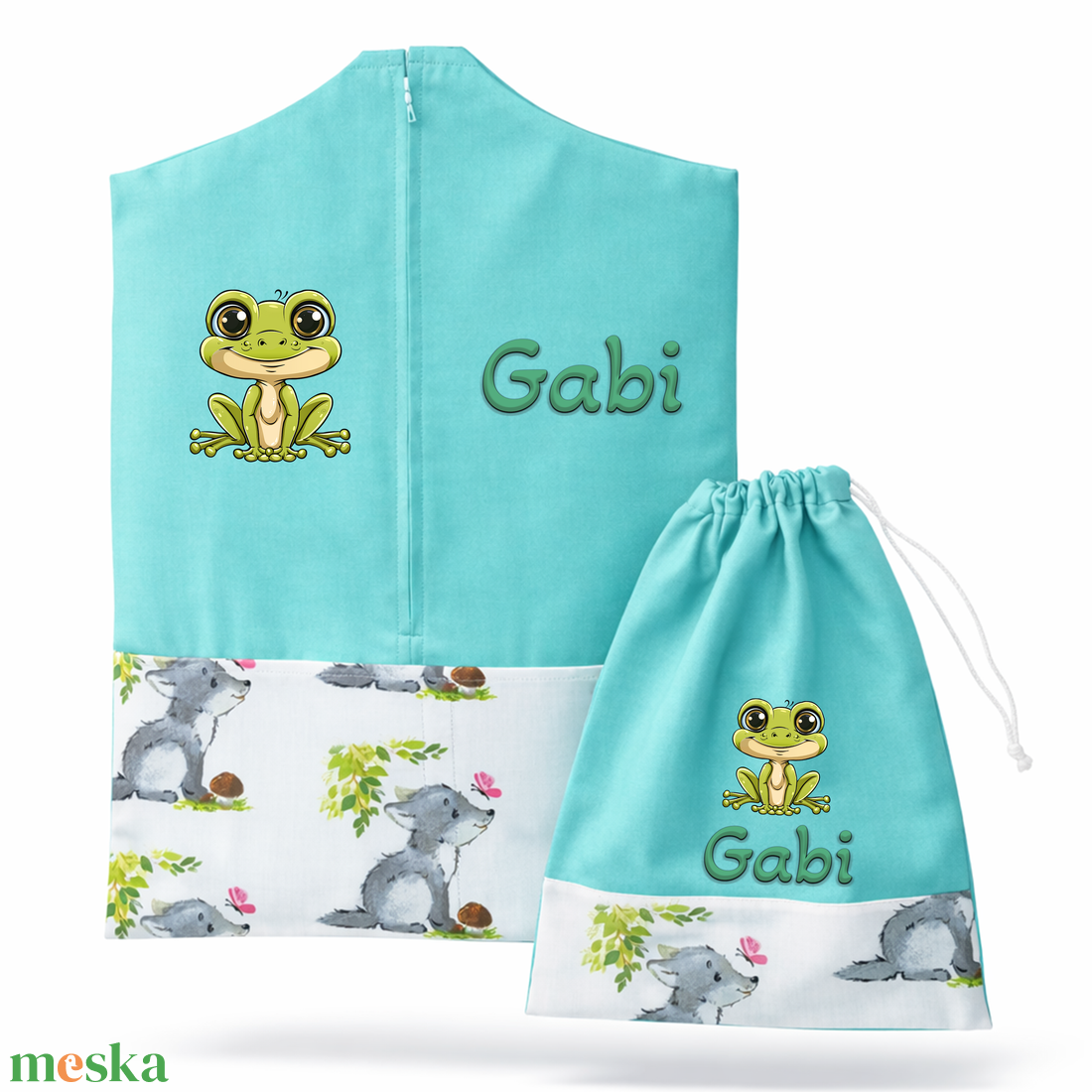 Ovis zsák + tornazsák szett névvel és jellel (mentazöld + farkaskölykös), ajándék szeretetküldővel - játék & sport - ovis felszerelés - ovis szett - Meska.hu