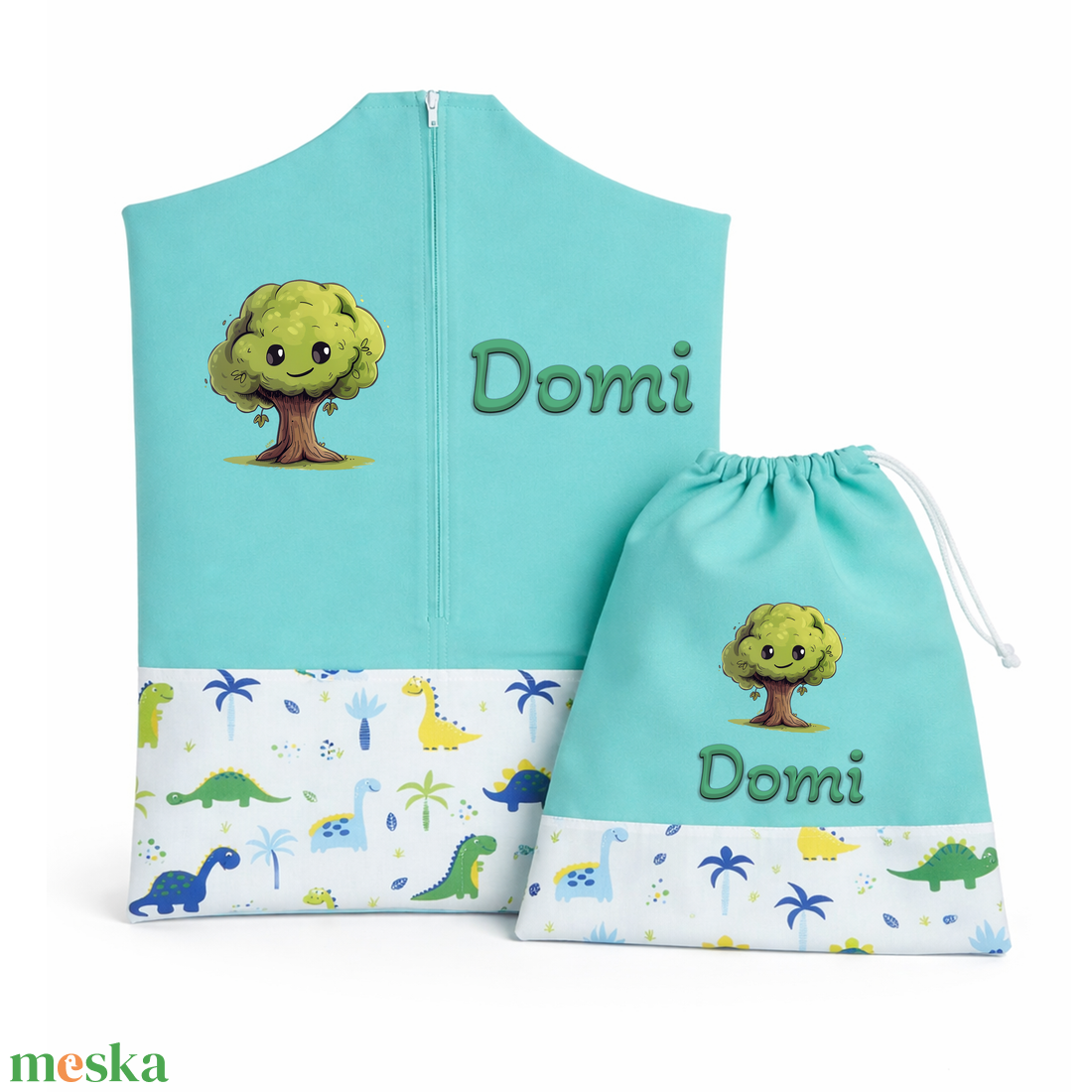 Ovis zsák + tornazsák szett névvel és jellel (mentazöld + kék-zöld-sárga dínós), ajándék szeretetküldővel - játék & sport - ovis felszerelés - ovis szett - Meska.hu
