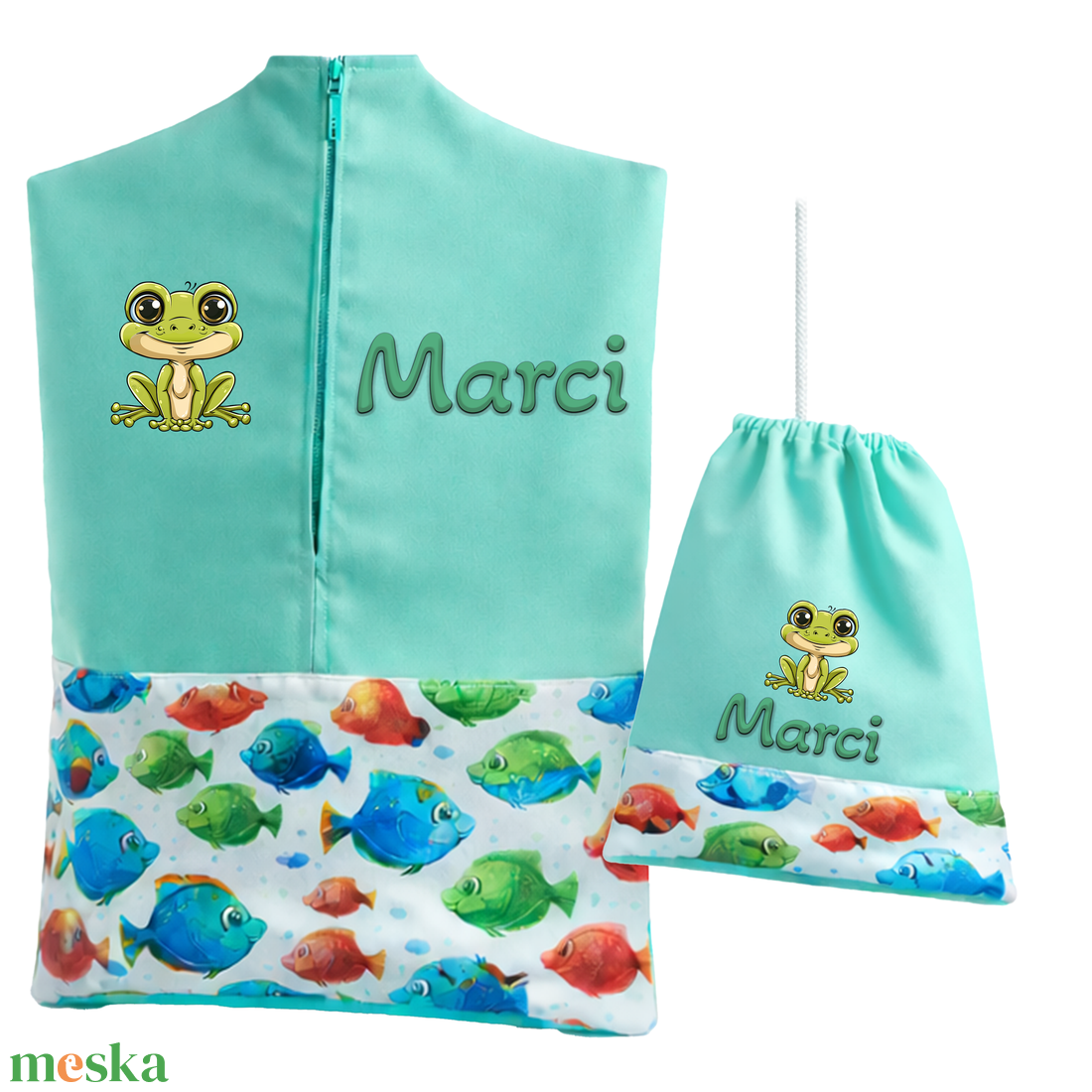 Ovis zsák + tornazsák szett névvel és jellel (mentazöld + halacskás), ajándék szeretetküldővel - játék & sport - ovis felszerelés - ovis szett - Meska.hu