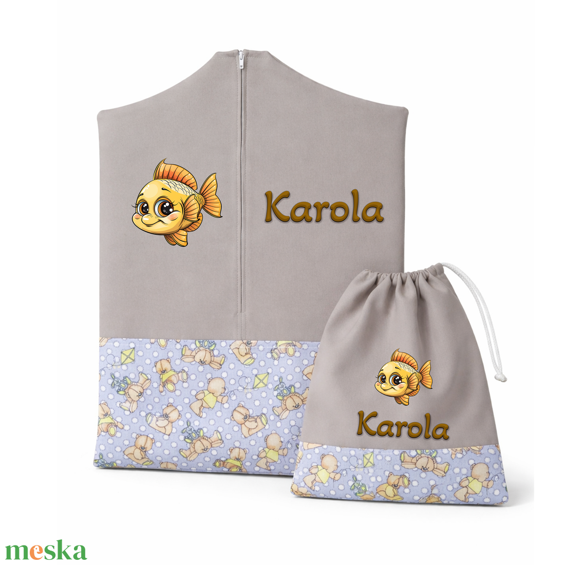 Ovis zsák + tornazsák szett névvel és jellel (drapp + sárga pólós macis), ajándék szeretetküldővel - játék & sport - ovis felszerelés - ovis szett - Meska.hu