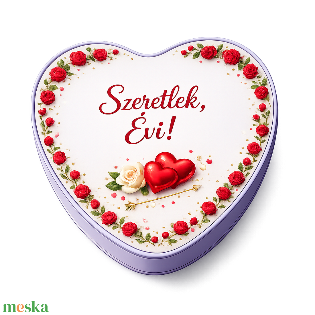 Egyedi, névvel nyomtatott Valentin-napi, szív alakú fémdoboz - otthon & életmód - dekoráció - asztal és polc dekoráció - díszdoboz - Meska.hu