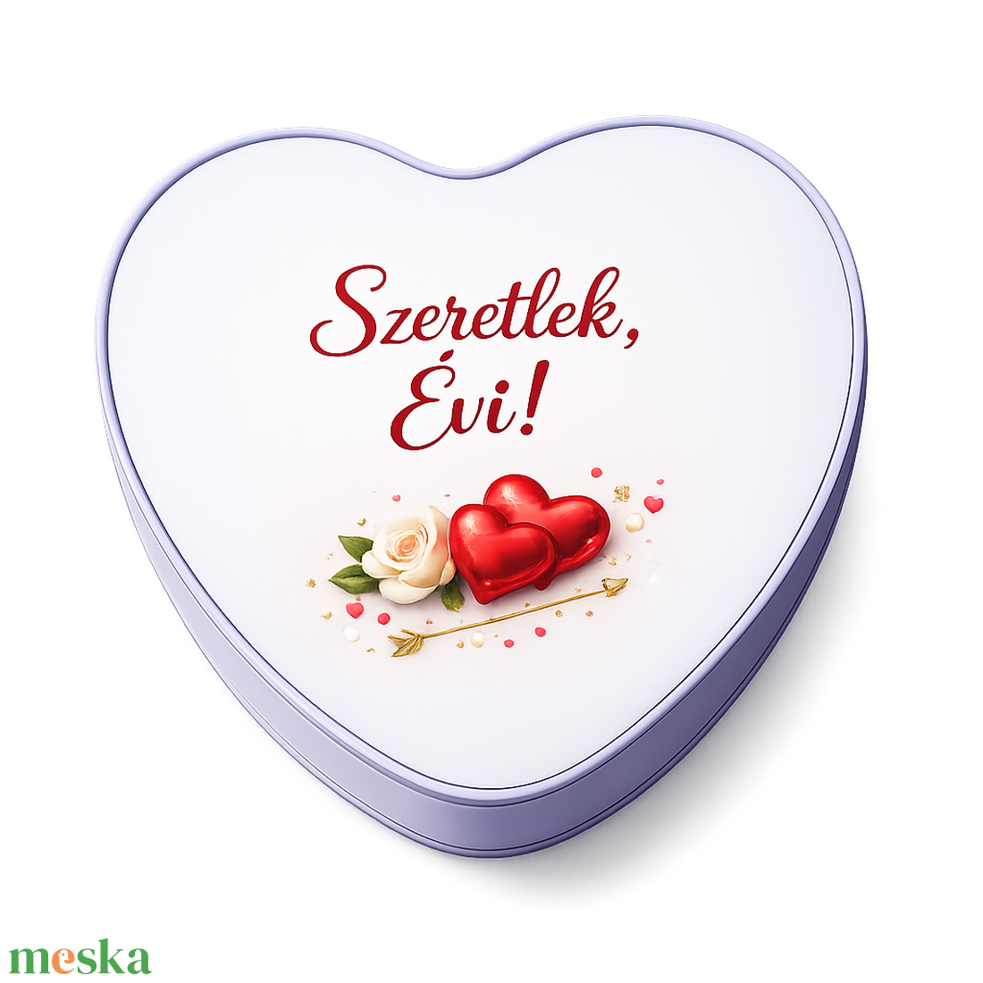 Egyedi, névvel nyomtatott Valentin-napi, szív alakú fémdoboz - otthon & életmód - dekoráció - asztal és polc dekoráció - díszdoboz - Meska.hu