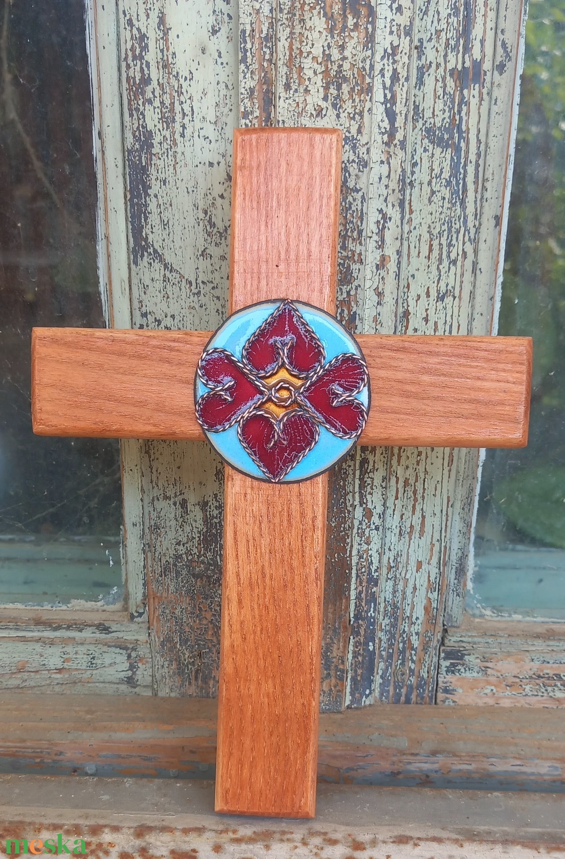 Kőrisfa kereszt tűzzománc rátéttel  - otthon & életmód - vallás - kereszt - Meska.hu