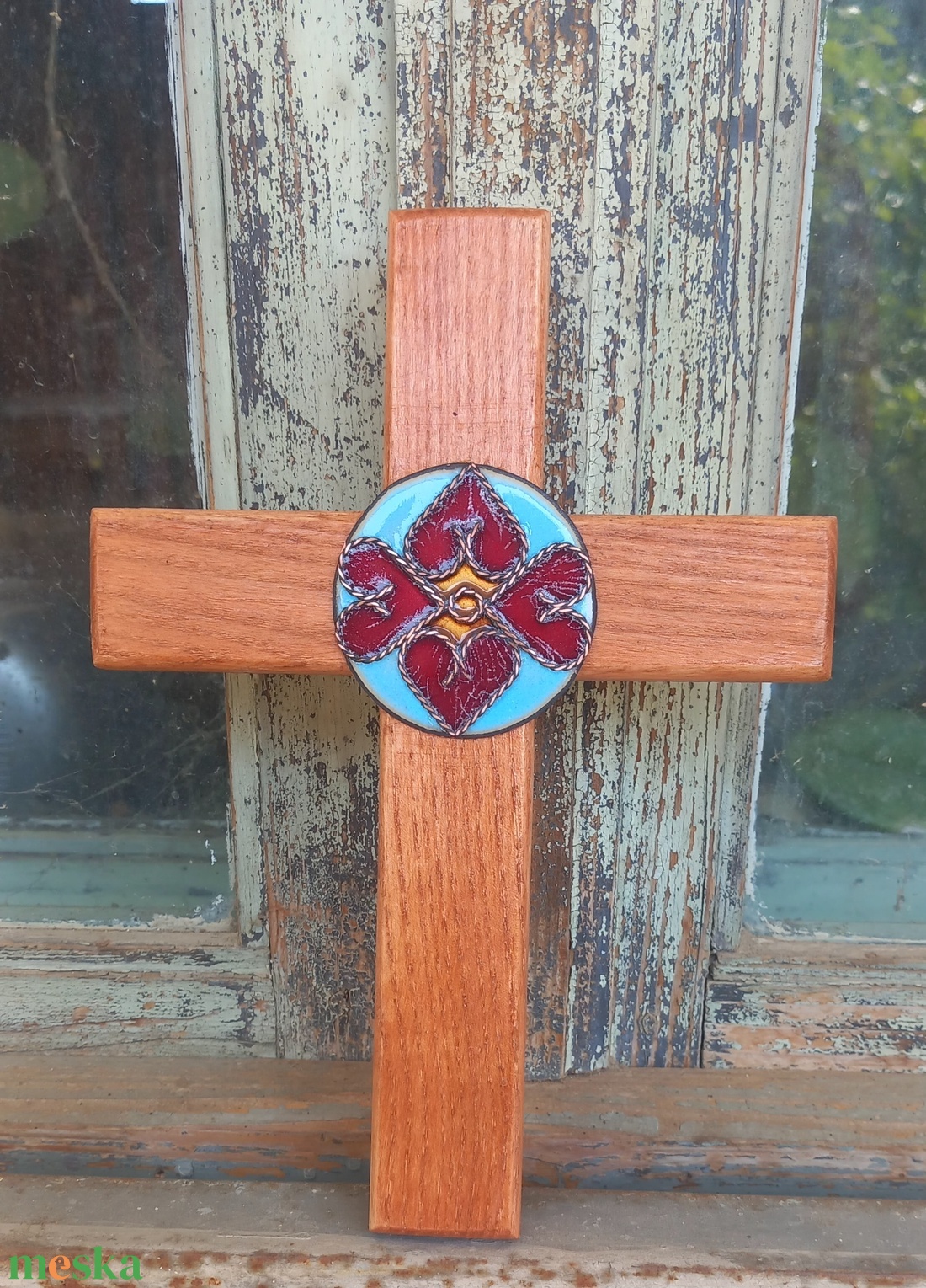 Kőrisfa kereszt tűzzománc rátéttel  - otthon & életmód - vallás - kereszt - Meska.hu