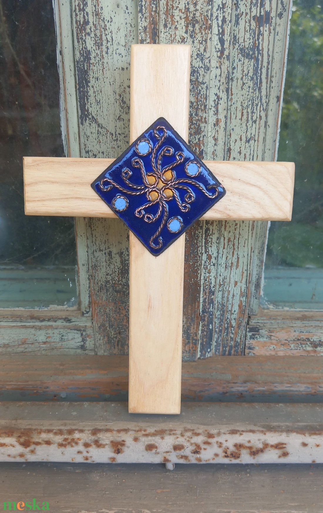 Kőrisfa kereszt tűzzománc rátéttel  - otthon & életmód - vallás - kereszt - Meska.hu