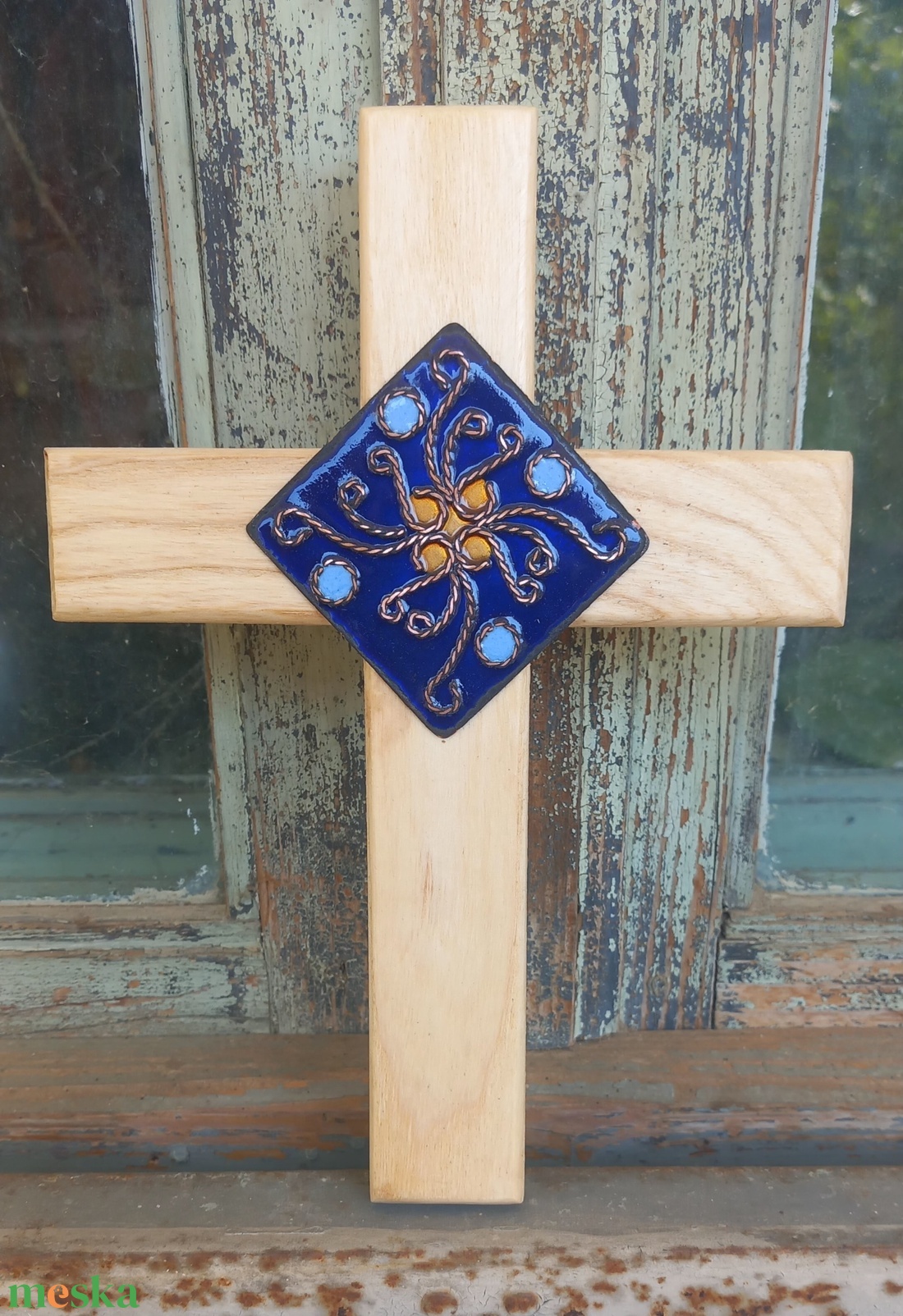 Kőrisfa kereszt tűzzománc rátéttel  - otthon & életmód - vallás - kereszt - Meska.hu