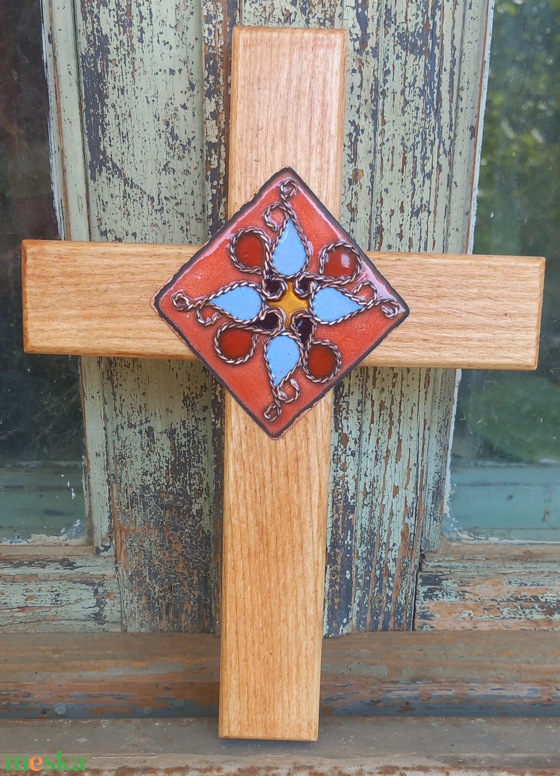 Kőrisfa kereszt tűzzománc rátéttel  - otthon & életmód - vallás - kereszt - Meska.hu