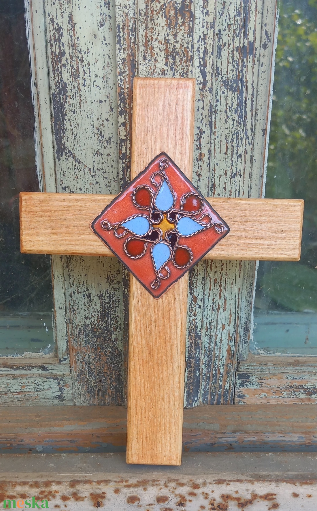 Kőrisfa kereszt tűzzománc rátéttel  - otthon & életmód - vallás - kereszt - Meska.hu