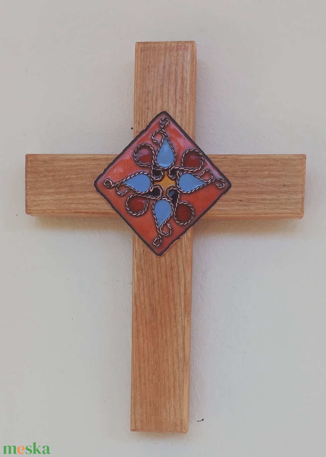 Kőrisfa kereszt tűzzománc rátéttel  - otthon & életmód - vallás - kereszt - Meska.hu