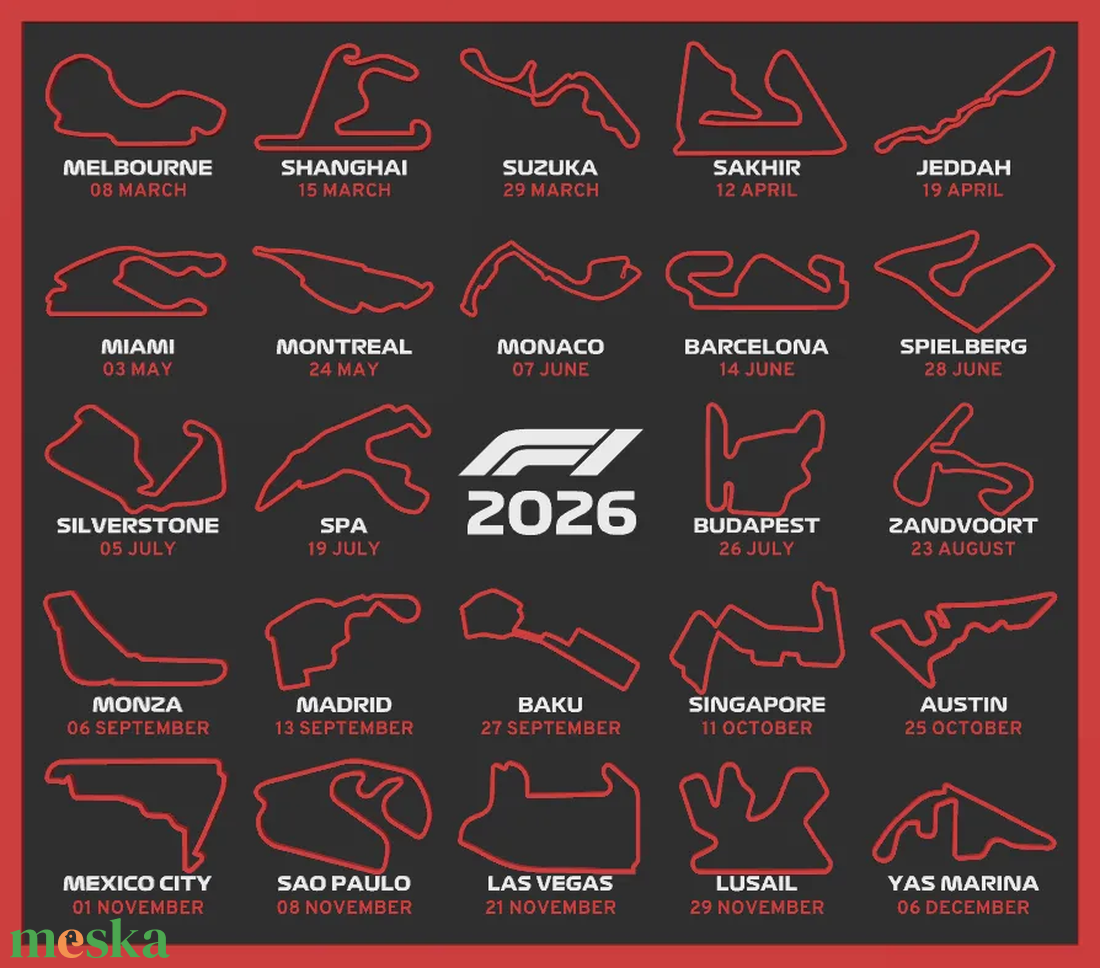 2026-os Formula 1 (F1) Versenynaptár (Város + dátum) - otthon & életmód - dekoráció - kép & falikép - 3d képek - Meska.hu
