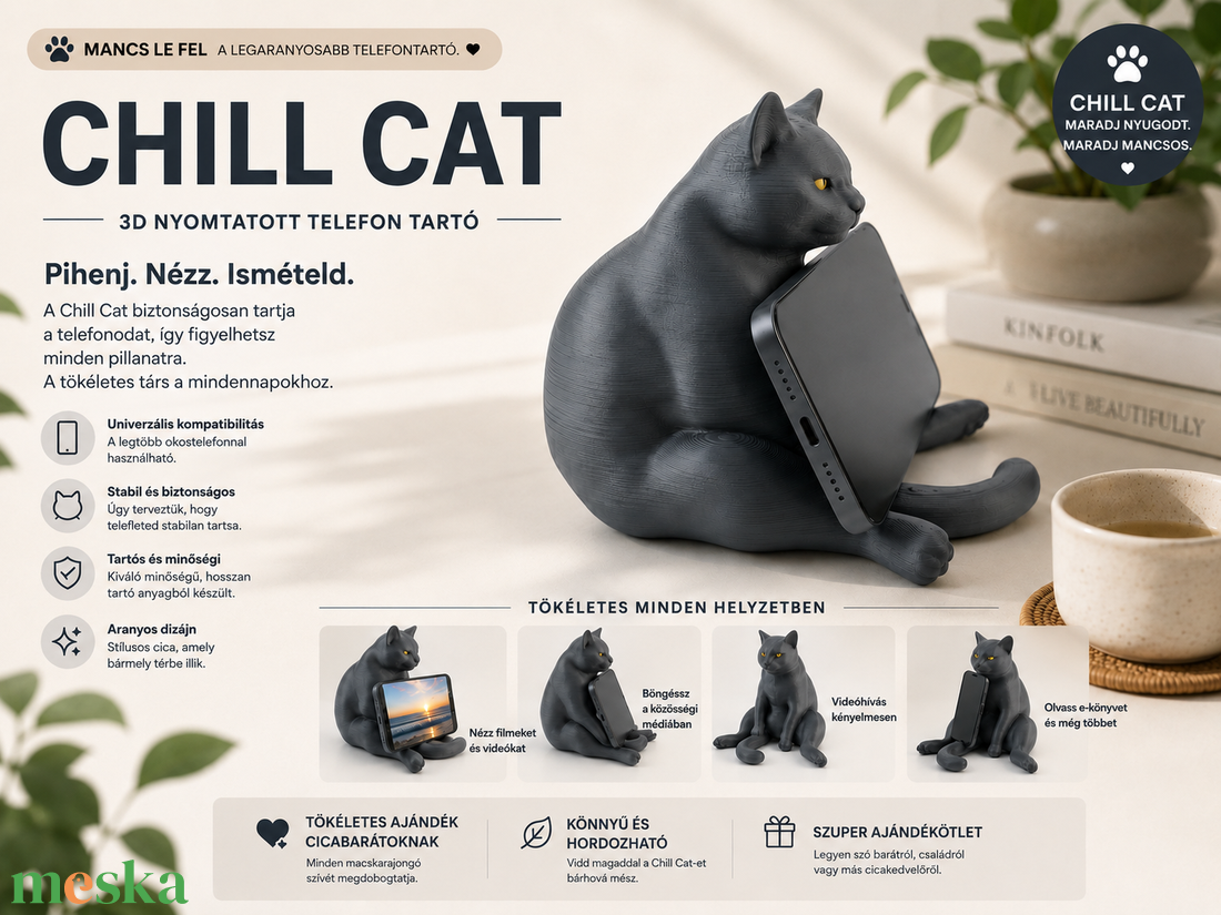 CHILL CAT 3D nyomtatott macskás telefon tartó � dekoratív, stabil, egyedi ajándék cicabarátoknak - otthon & életmód - tárolás & rendszerezés - asztali telefontartó - Meska.hu