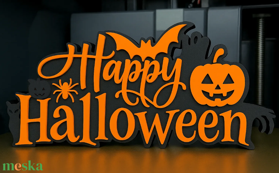 Halloween asztali dekoráció � Happy Halloween feliratos 3D dísz, tökös-denevéres dekor - otthon & életmód - dekoráció - halloween - halloweeni asztaldísz - Meska.hu