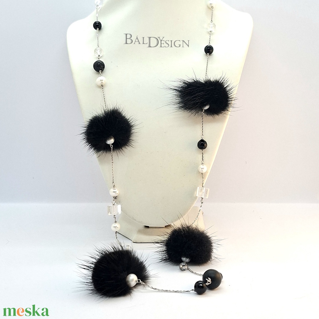 Ezüst nyaklánc szörmével és ásványokkal - ékszer - nyaklánc - hosszú nyaklánc - Meska.hu