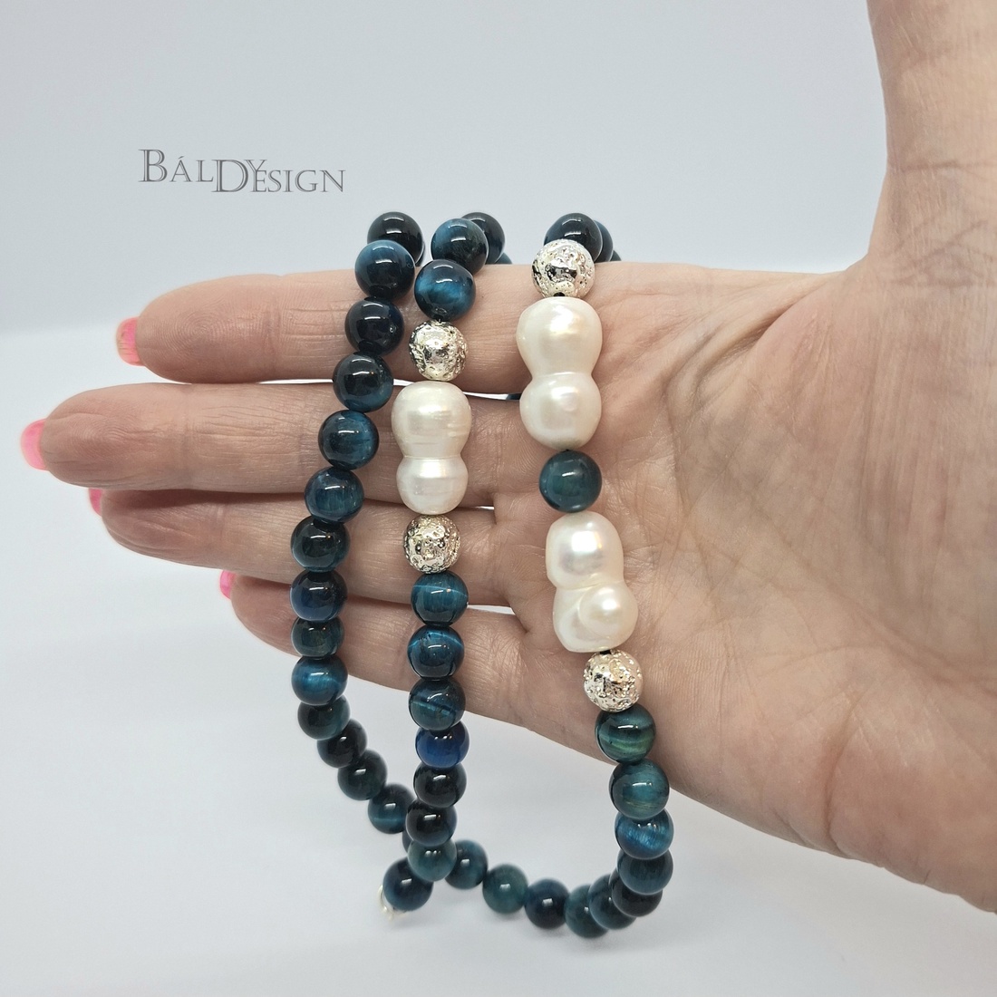 Kék tigrisszem szett gyöngy díszítéssel - ékszer - ékszerszett - Meska.hu