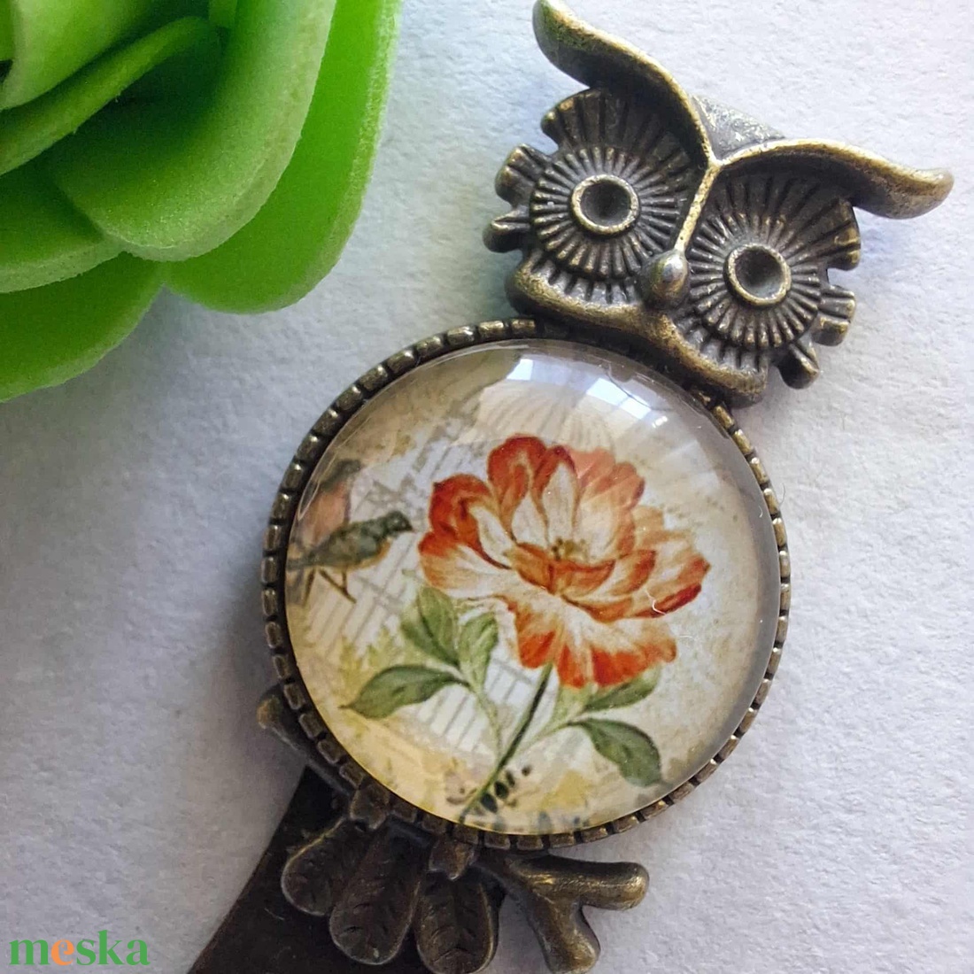 Bagoly mintás fém könyvjelző virágos kabosonnal - könyv & zene - könyvjelző - Meska.hu