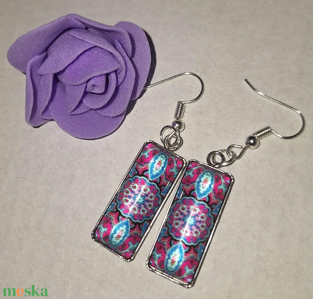 Pink-Türkiz Mandala Fülbevaló - Feltűnő, téglalap alakú kaboson fülönfüggő - ékszer - fülbevaló - lógó fülbevaló - Meska.hu