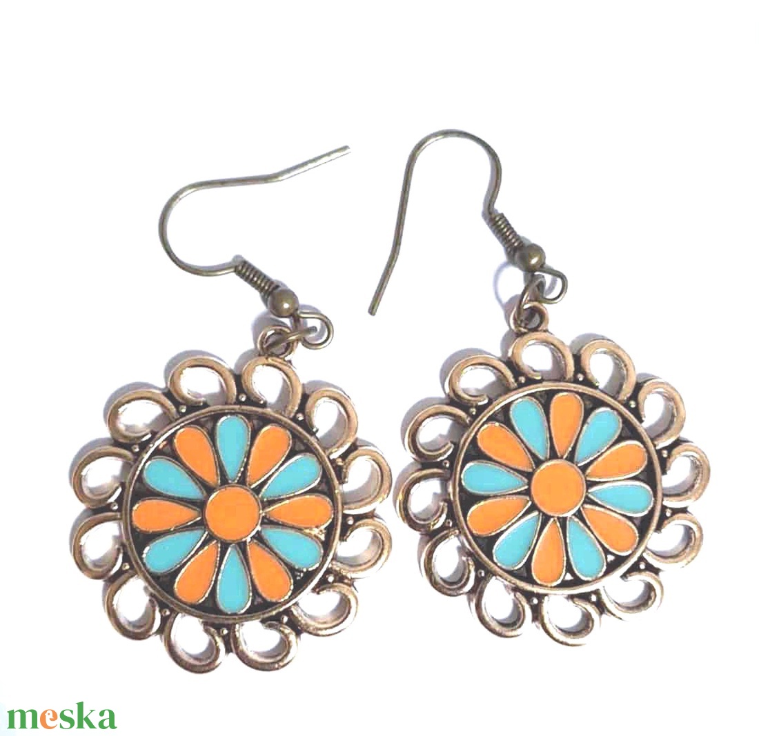 Boho/Vintage stílusú, türkiz-narancs virágos fülbevaló / Mandala medál fülbevaló - ékszer - fülbevaló - lógó fülbevaló - Meska.hu