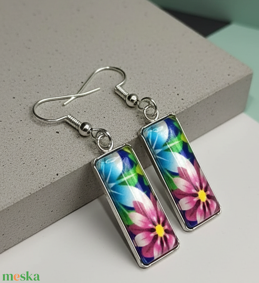 Kék-Rózsaszín Virágos Ékszer - ékszer - fülbevaló - lógó fülbevaló - Meska.hu