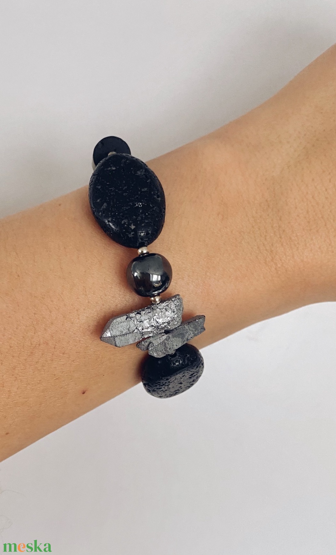 Krisztina Lango fekete-ezüst ásványkarkötő - ékszer - karkötő - ásványkarkötő - Meska.hu