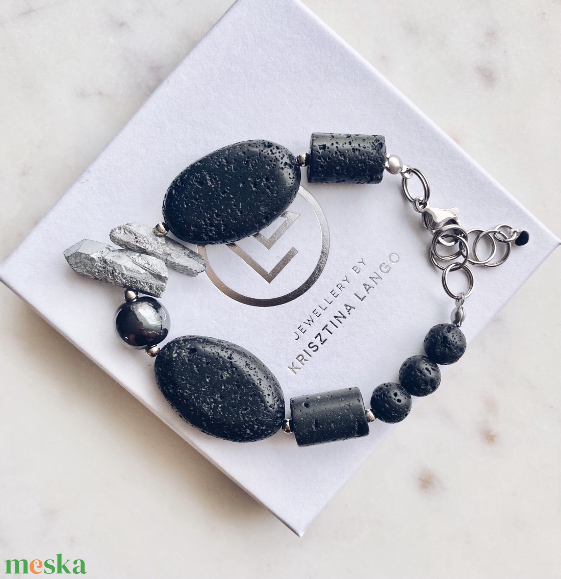 Krisztina Lango fekete-ezüst ásványkarkötő - ékszer - karkötő - ásványkarkötő - Meska.hu
