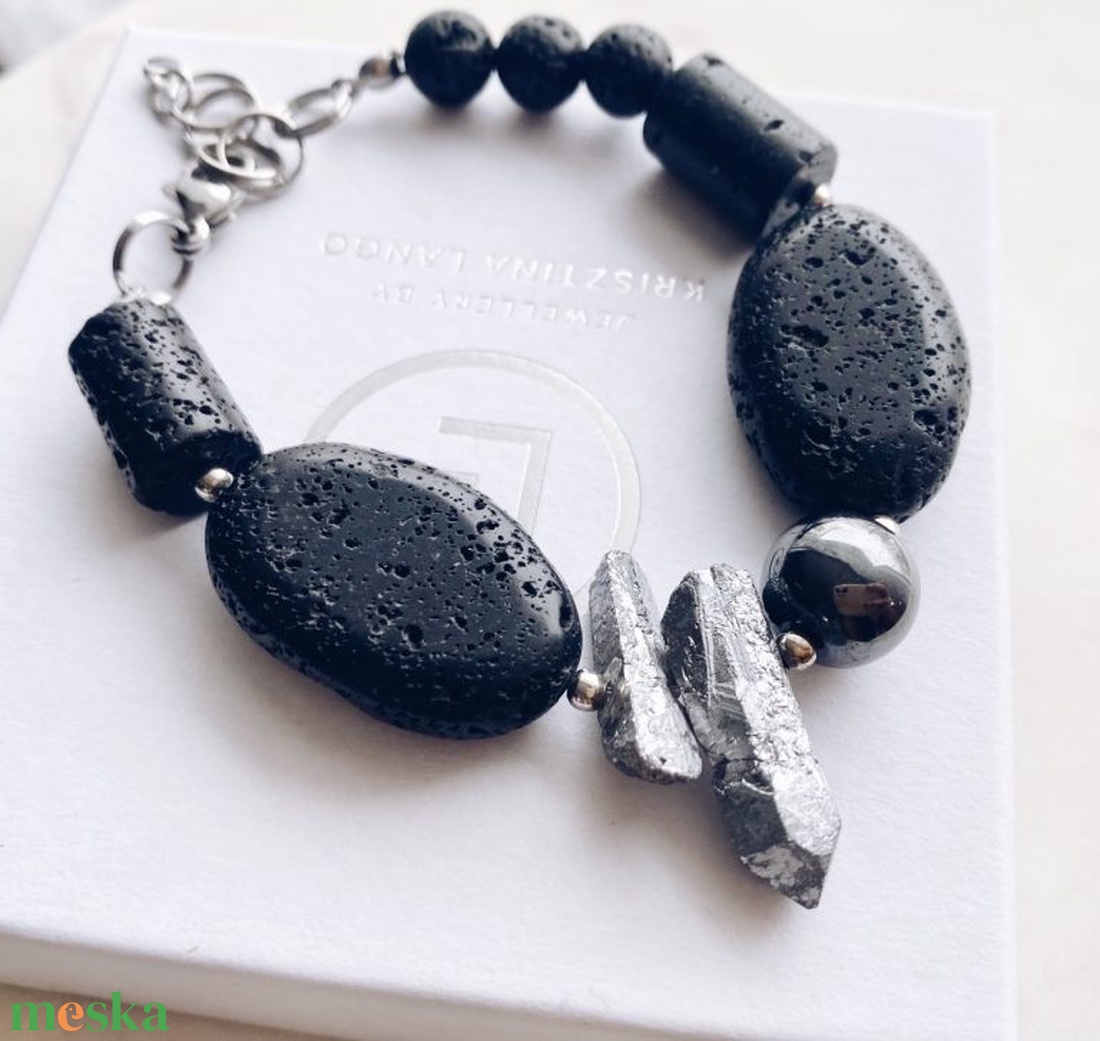 Krisztina Lango fekete-ezüst ásványkarkötő - ékszer - karkötő - ásványkarkötő - Meska.hu