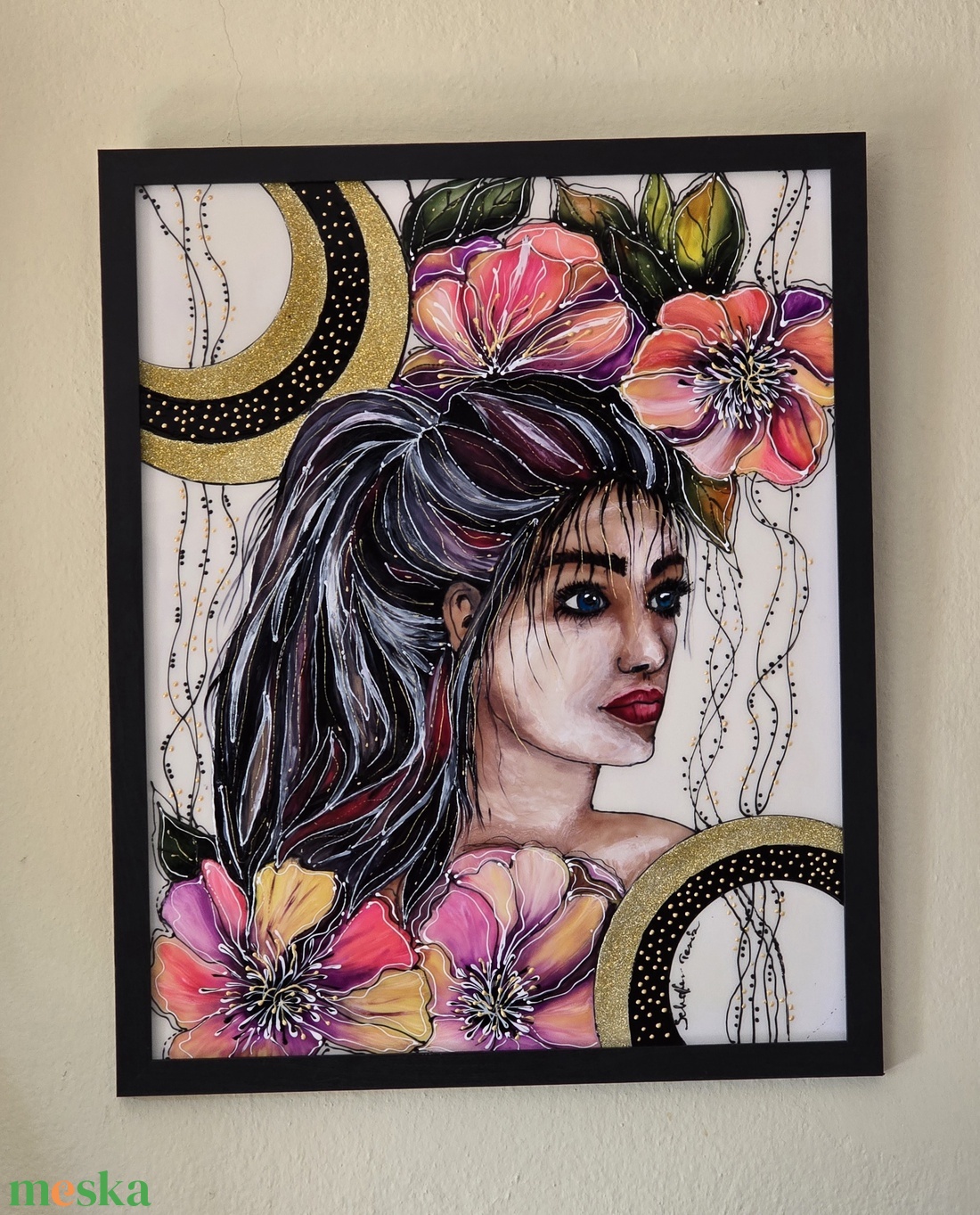 Női portré virágokkal - otthon & életmód - dekoráció - fali és függő dekoráció - térkép - Meska.hu