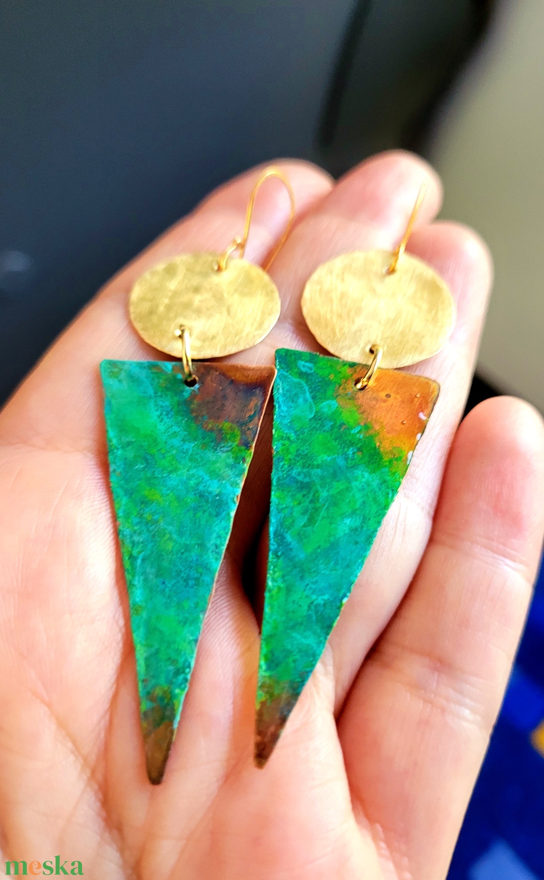 Zöldmánia - réz és patina fülbevaló - ékszer - fülbevaló - lógó fülbevaló - Meska.hu