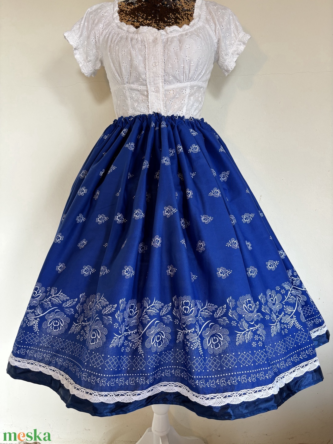 Kékfestő, bordűrös, néptáncos, magyaros, népviseleti, folklór szoknya - ruha & divat - gyerekruha - szoknya - Meska.hu