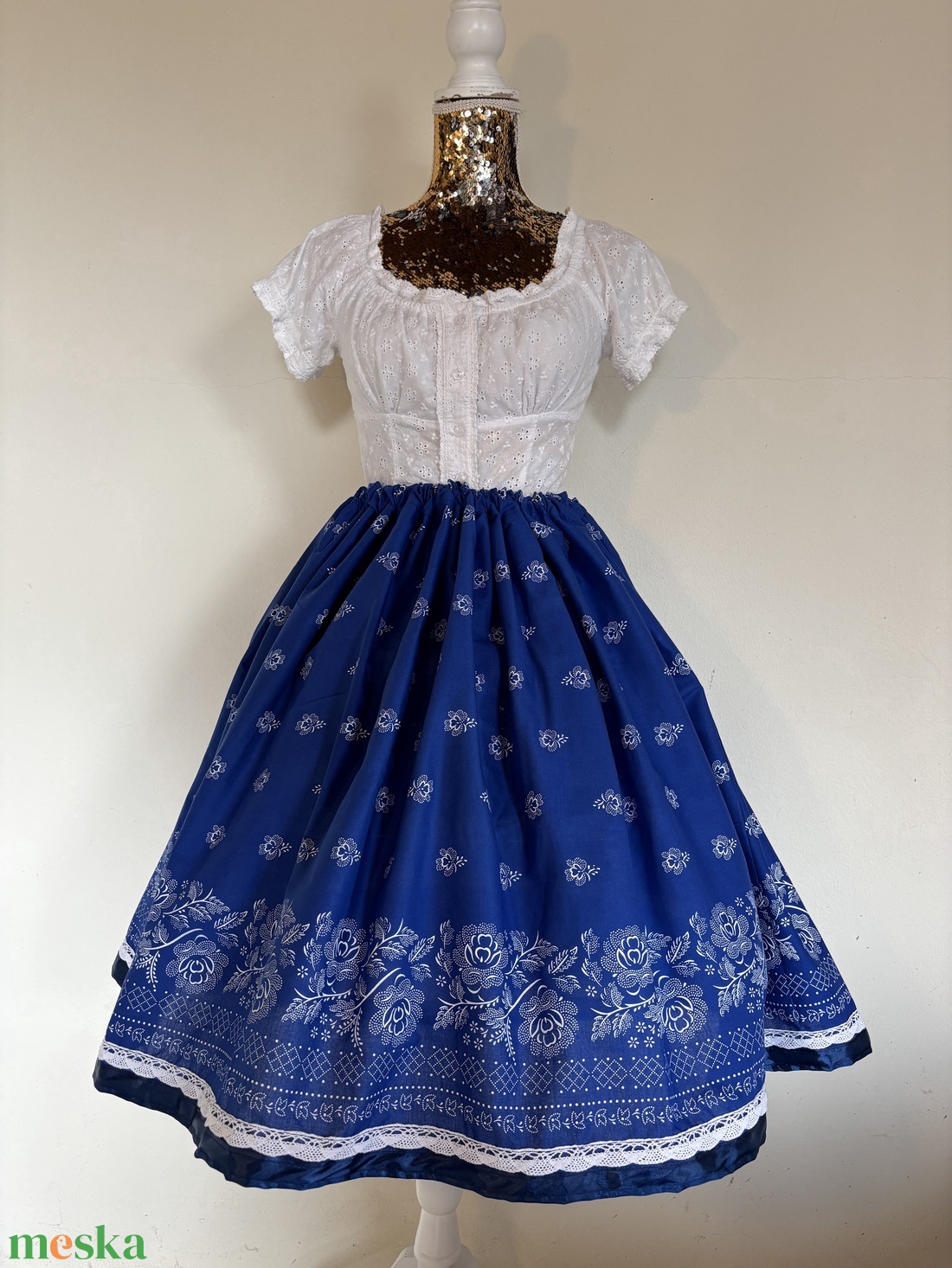 Kékfestő, bordűrös, néptáncos, magyaros, népviseleti, folklór szoknya - ruha & divat - gyerekruha - szoknya - Meska.hu