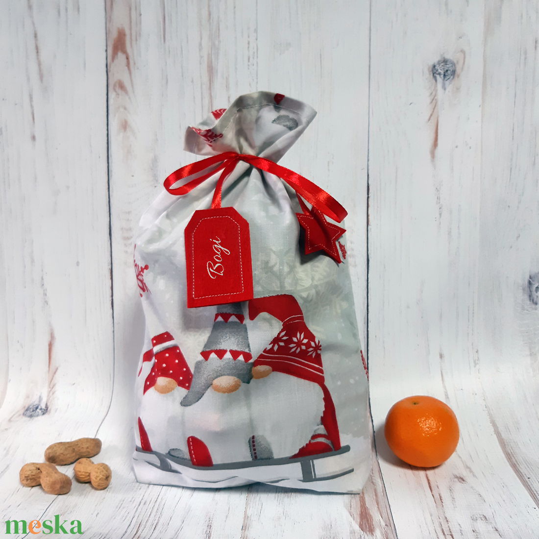 Piros és szürke manós textil Mikulás zsák a celofán zacskó helyett - kérdd nevesítve! - karácsony - mikulás - mikulás zsák - Meska.hu