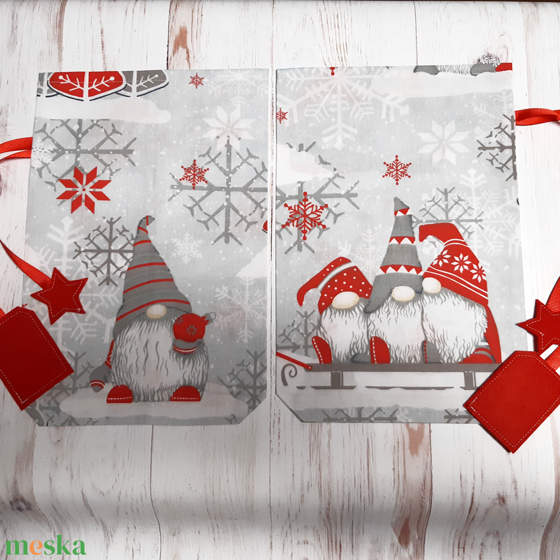 Piros és szürke manós textil Mikulás zsák a celofán zacskó helyett - kérdd nevesítve! - karácsony - mikulás - mikulás zsák - Meska.hu