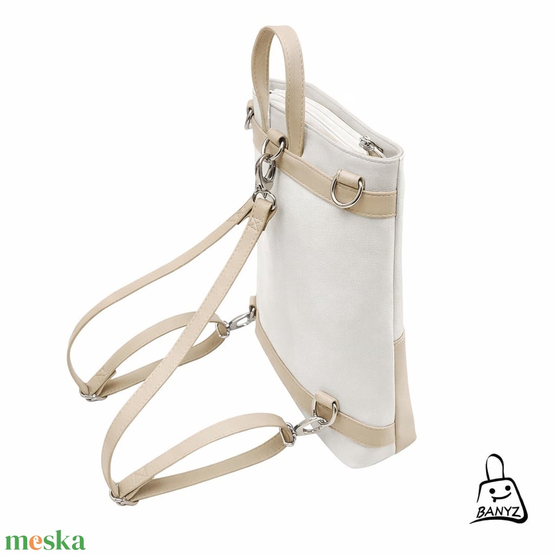 Többfunkciós női táska � bézs�fehér hátizsák, válltáska és kézitáska egyben - táska & tok - hátizsák - roll top hátizsák - Meska.hu