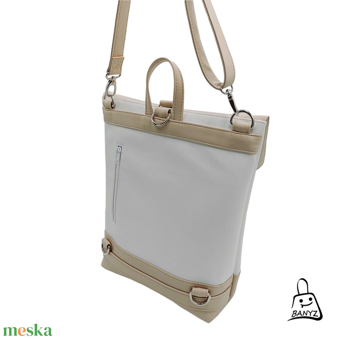 Többfunkciós női táska � bézs�fehér hátizsák, válltáska és kézitáska egyben - táska & tok - hátizsák - roll top hátizsák - Meska.hu