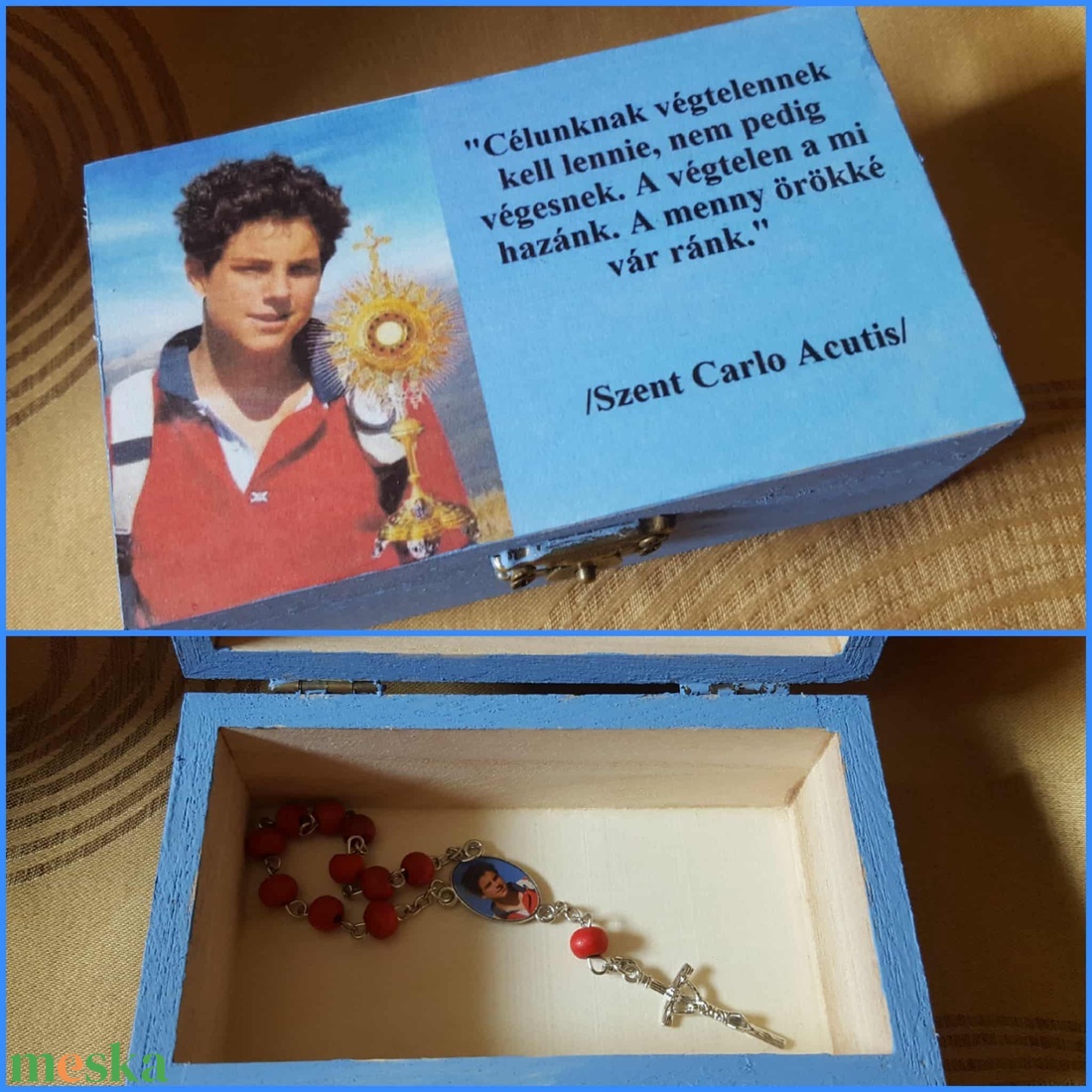Szent Carlo Acutis emlékőrző, ékszertartó fa doboz - otthon & életmód - dekoráció - asztal és polc dekoráció - díszdoboz - Meska.hu