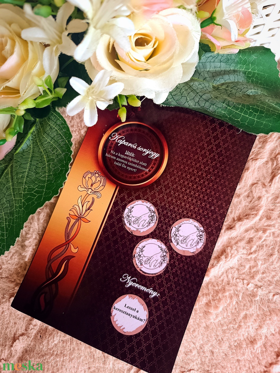 Keresztanya felkérő ajándék kaparós sorsjegy barna rose - baba - mama - keresztelő kellékek - keresztszülő felkérő - Meska.hu