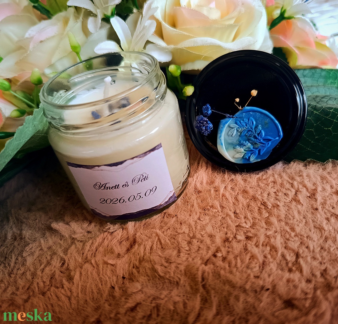 Eküvői köszönő ajándék vendégeknek feliratos ásvány gyertya kék - esküvő - emlék & ajándék - köszönőajándék - Meska.hu