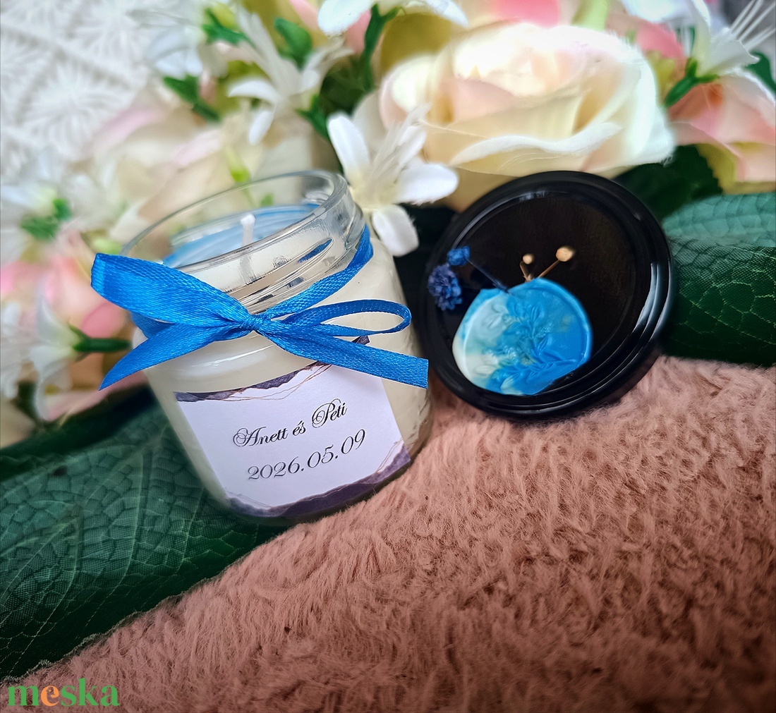 Eküvői köszönő ajándék vendégeknek feliratos ásvány gyertya kék - esküvő - emlék & ajándék - köszönőajándék - Meska.hu